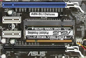 An Asus A8N-SLI Deluxe motherboard with a SLI switch card